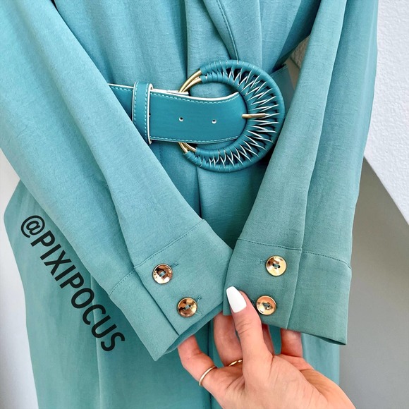 ZARA LONG BELTED JUMPSUIT TURQUOISE BLUE - Picture 8 of 13